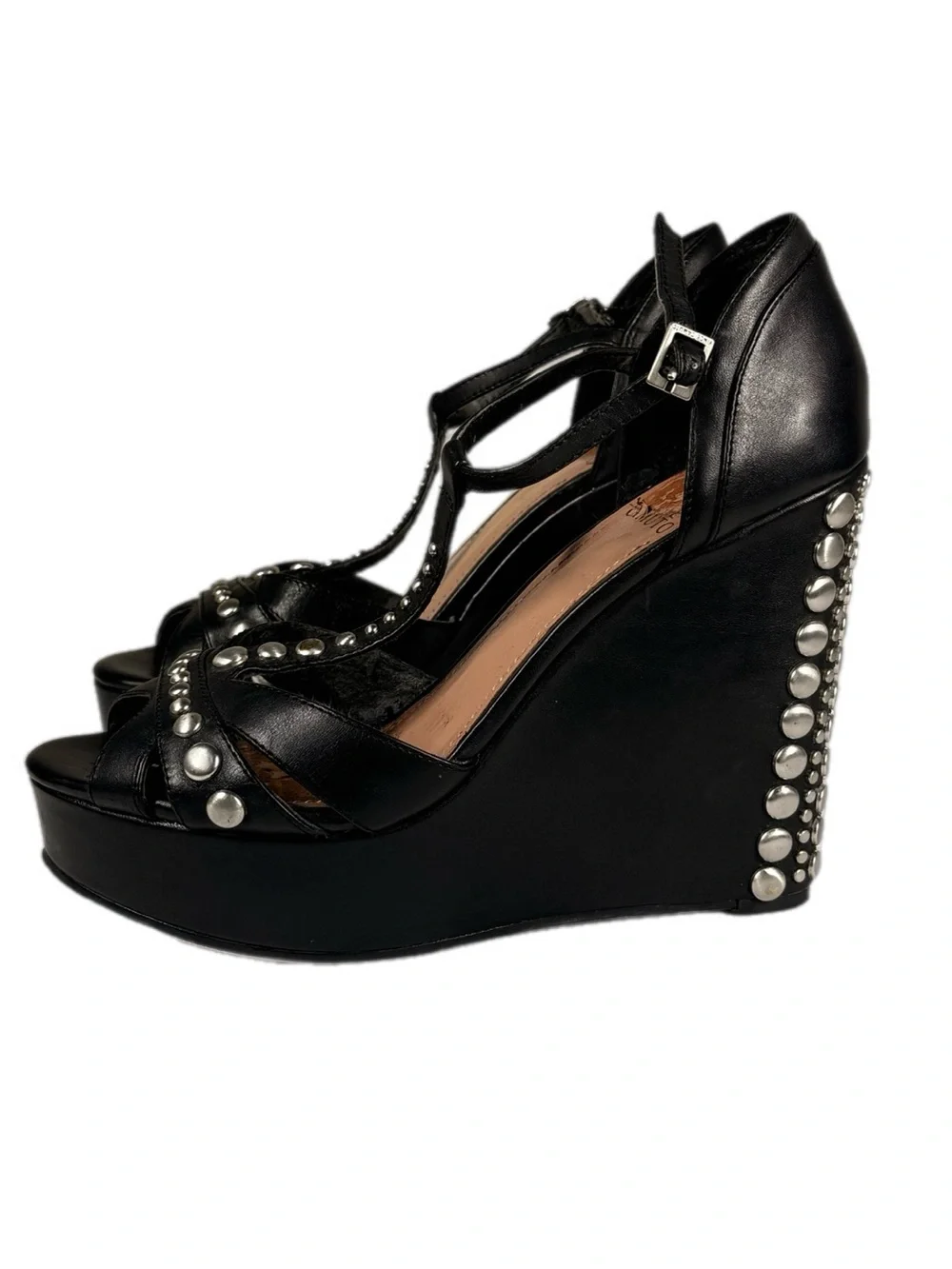 Vince Camuto | Black Studded Platform T-Strap Wedges